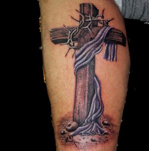 Wooden-Cross-With-Barbed-Crown-Tattoo-Design-For-Leg-Calf